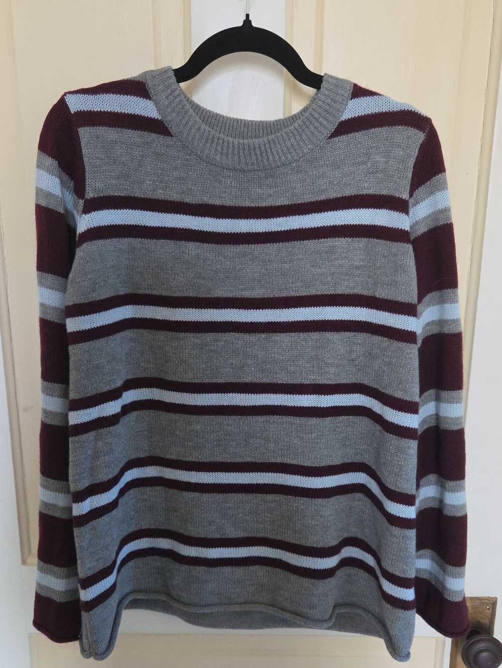 Massini Gray Sweater with Burgundy & Light Blue Stripes